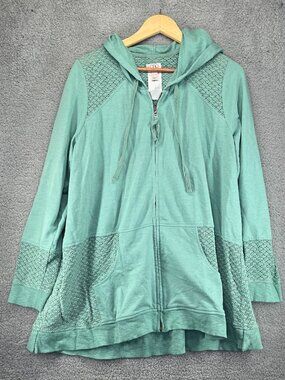LOGO Lori Goldstein XL Green Zip Front Hoodie Crochet Lace with Pockets